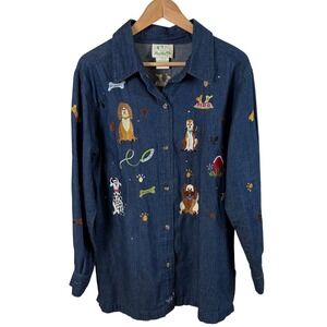 Quacker Factory Dog Embroidered Denim Shirt Womens M Blue Button-Up Novelty READ